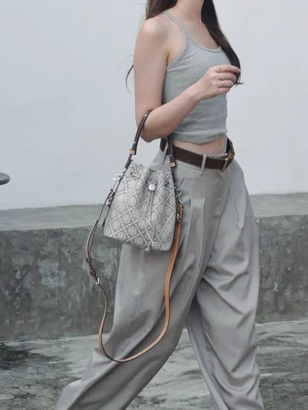 Tory Burch Monogram Jacquard Bucket Bag Grey Full Set With Mini